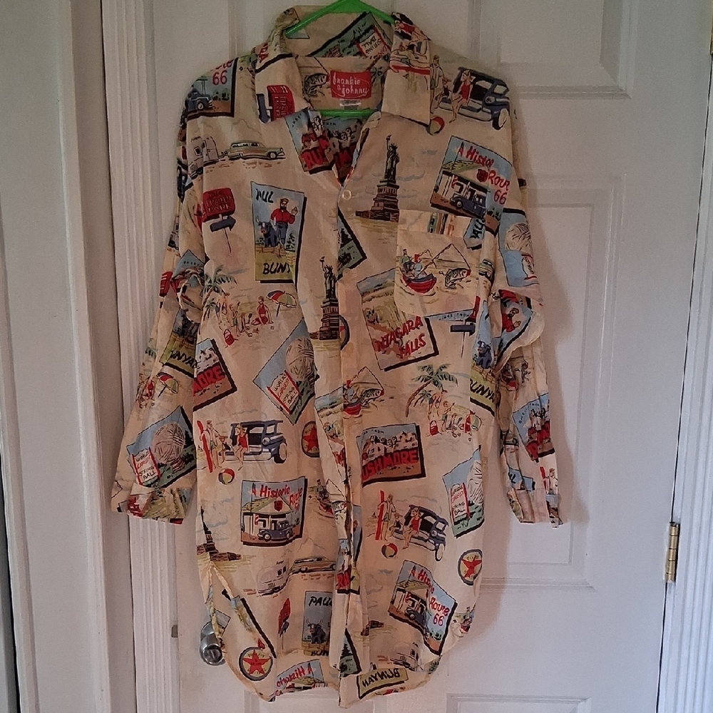 Vintage-Inspired Cream Travel Print Button-Up Sleep Shirt.